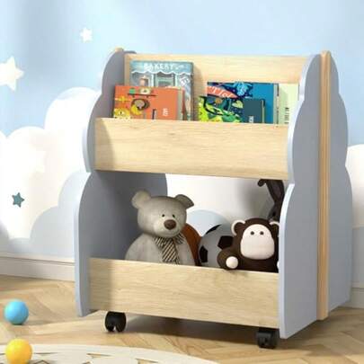 Keezi Toy Box 2 Tiers Bookshelf Toys Storage Organiser Bookcase Furniture Multifunctional Activity Play Living Room Bedroom Decor MDF With 2 Wheels White