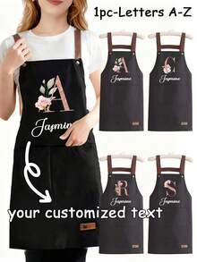 1pc Customized Floral & Alphabet A-Z Print Apron With Large Pocket, Waterproof, Stain & Oil Resistant. This Personalized Kitchen Cooking Apron With Adjustable Neck And Waist, Suitable For Cooking And Grilling, Great Gift For Christmas And Thanksgiving, Unisex.