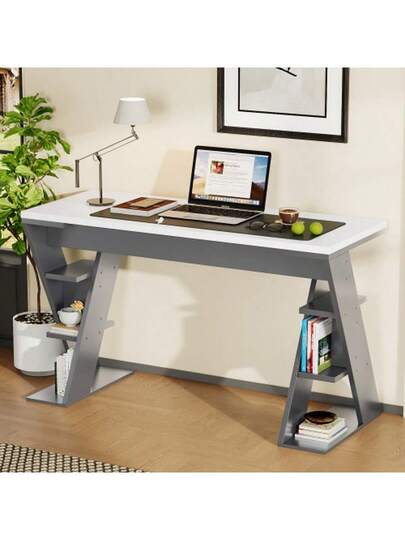 120 50 74 Cm Einfacher Schreibtisch, Schreibtisch Mit Förmiger Halterung, Lagerregal Dry Positionen, Farblich Abgestimmtes In Grau Weiß, Stylish Robust, Wit