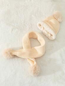 1 Set Kids Solid Color Thickened Knit Beanie Hat And Scarf, Unisex Autumn/Winter - Pom-pom Scarf + Solid Color Beanie - View 11