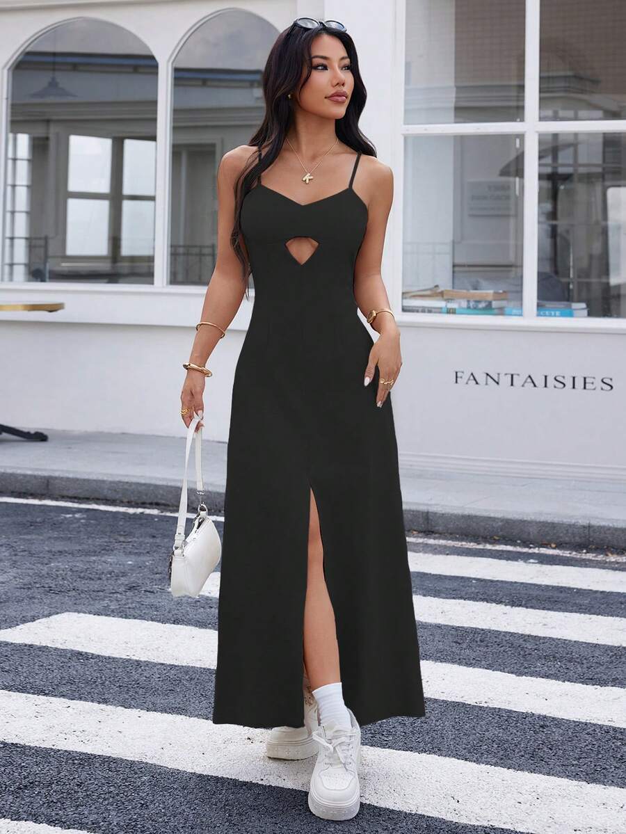 REF:AS1826 - Long Dress With Thin Straps And Front Slit: Elegance And Sensuality In The Same Look - Black - View 1