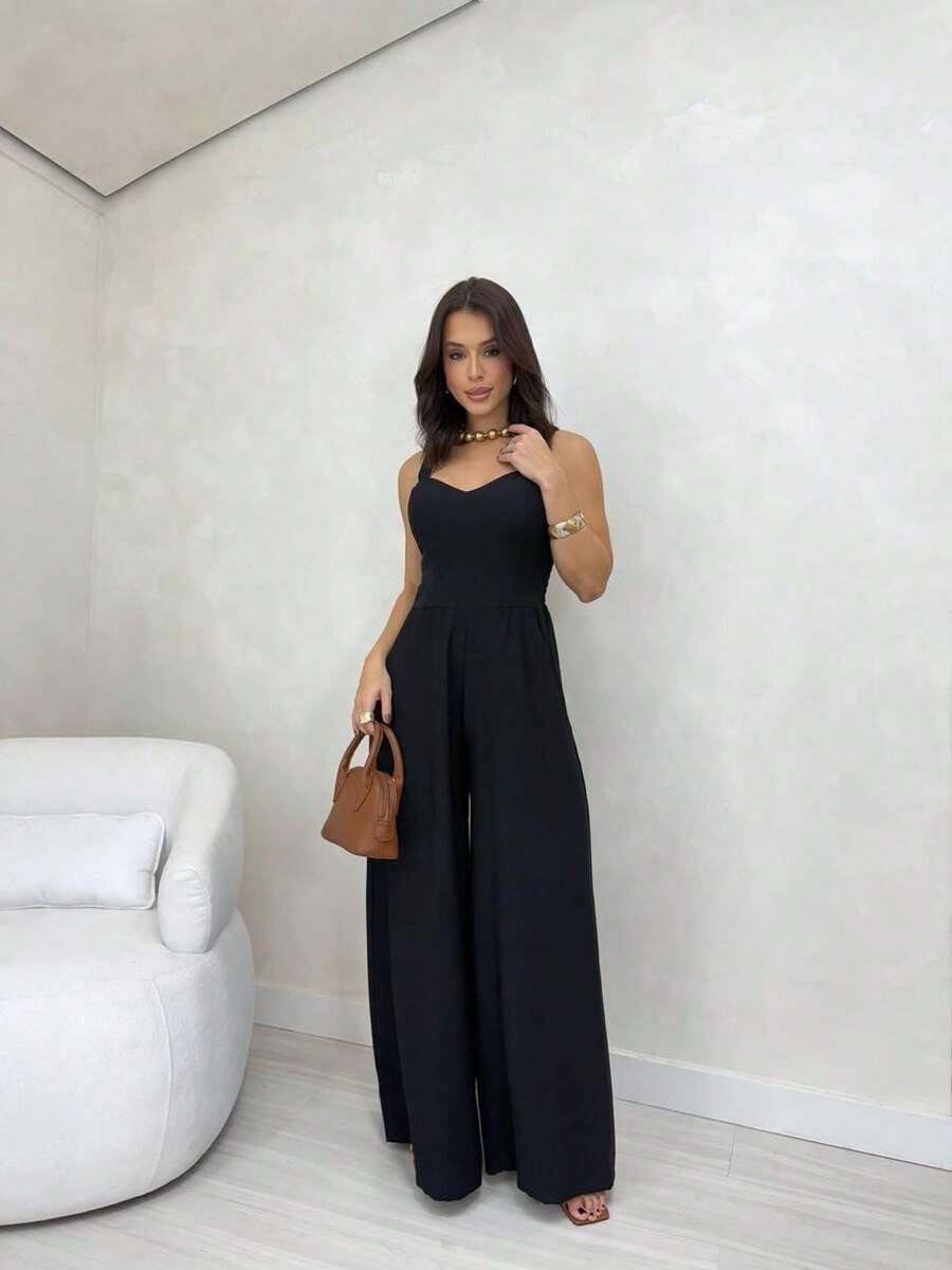 Long, Sensorial Jumpsuit With Wide Legs, Straight Neckline, And Medium Straps. - 黑色 - 查看 1
