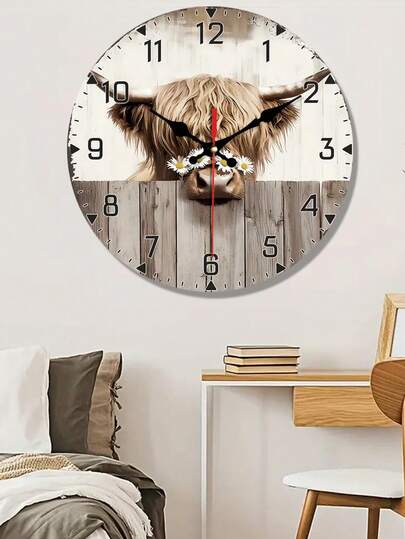[10/12 Inch Silent Wooden Clock] 1pc Highl Cow Daisies Wand Clock, 10/12 Round Non Ticking, Battery Operated, Rustic Farmho Home, Living Room, Kitchen, Bedroom AA Not Included