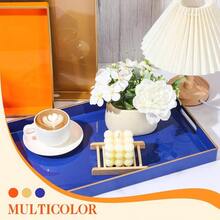 3 Pcs Decorative Serving Trays With Handles 15.75 X 10.24 Rectangular Plastic Coffee Table Tray For Ottoman Living Room Home Decoration In Dark Blue Orange Yellow Stylish And Functional Centerpiece For Everyday Use And Elegant Interior Design - 深藍橙黃 - 查看 5