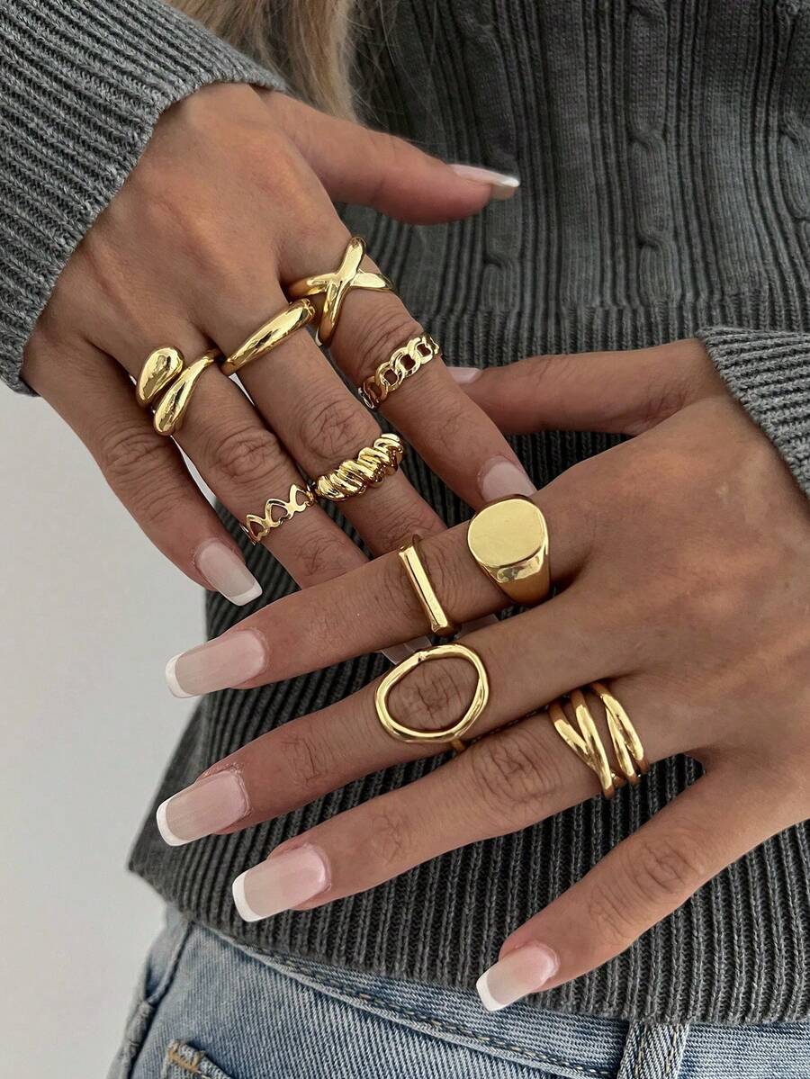 10pcs/Set Geometric Design Rings, Asymmetrical Hip-Hop Niche Rings Set, Suitable For Parties, Gatherings, Gifts, And Daily Wear - Gold - View 1