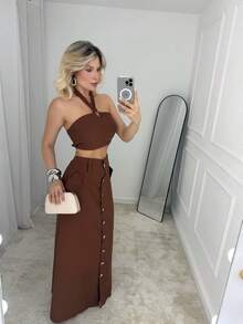 Simple Casual Button Pocket Bare Back / Backless Vacation - Óxido marrón - Ver 4