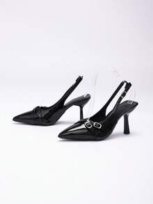 女士性感高跟鞋，时尚百搭尖头搭扣设计，透气夏季新款闭趾设计，适合派对和夜店穿着 - 黑色 - 查看 6