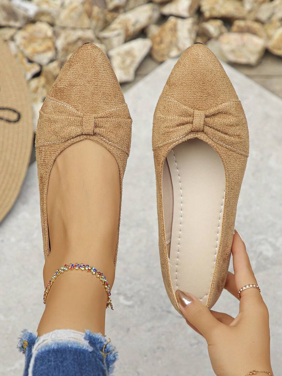 Sapatilhas Tipo Balé de Bico Fino com Laço, Estilo Minimalista de Cor Sólida, Salto Baixo, Plus Size, Fácil de Calçar, Elegantes para Uso Diário na Cor Marrom, Sapatos Femininos Plus Size