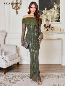 Olive Green Elegant Long Sleeve Off-Shoulder Sequin Evening Dress, Suitable For Christmas, Parties, Weddings And Other Occasions - Olive Green - View 4