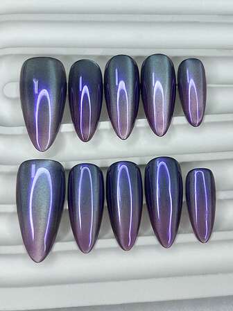 10PCS Dark Hot Girl Sweet Cool Style Handmade Press On Nails Dreamy Flow Blue Purple Cat Eye Fake Nails Removable Reusable Nail Supplies(1 Sheets Jelly Stickers+1PC Nail File)
