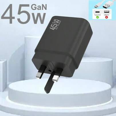 45W USB-C 快充插头，兼容三星 Galaxy S25/S25+/S25 Ultra/S24 Ultra/S24+/S24/S23 Ultra/S23/S22/S21/S20/A55/A54/A15/A14，兼容 ，兼容 iPad Air，GaN 超级快充 Type-C 充电器插头