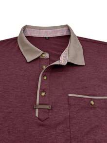 男士时尚长袖 Polo 衫，春秋季翻领纽扣亨利衫 - 酒紅色 - 查看 6