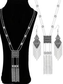 TopHanqi 3 Pieces Of Retro-Style Ancient Silver Geometric Alloy Chain Tassel Long Earrings And Necklace Set For Women In All Seasons, Daily Life And Work, Street Photography, Simple, Fashionable And Elegant Accessories - Antique Silver - View 1