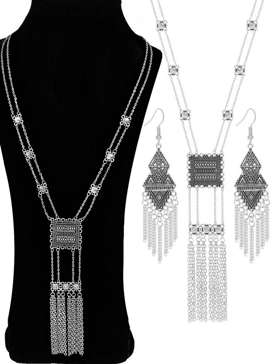TopHanqi 3 Pieces Of Retro-Style Ancient Silver Geometric Alloy Chain Tassel Long Earrings And Necklace Set For Women In All Seasons, Daily Life And Work, Street Photography, Simple, Fashionable And Elegant Accessories - Antique Silver - View 1