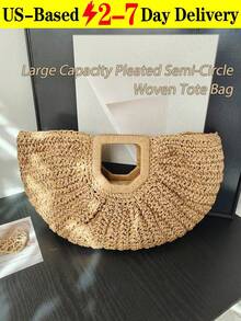[US-Based Shipping]1pc Large Capacity Khaki Handbag Tote Bag Woven Bag Open Straw Bag Round Bag,Large Capacity Khaki Tote Bag, Woven Straw Open Top Round Bag,For Travel And Vacation Beach,Pleated Semi-Circle Woven Solid Color, Fashion Straw Handbag For Women,Eye-Catching Beach Bag Summer,Travel, Daily Shopping, Great Mother's Day Gift,New Summer Vacation Style Solid Color,Vacation Essentials,Perfectly Matching With Beach Accessories Women,Woven Large Capacity Purse And Handbag Basket Bags Fashion Travel Shoulder Shopper Totes,Crescent Moon Bag For Women, Straw Purse,Beach Necessities,Women's Fall Clothing Winter Clothing Christmas Gift Fall Autumn Velvet Furry Party Fuzzy Plush Thanksgiving Festival Cyber Monday Holiday Knitted Winter,Stitch Purses And Bags Women Black Purse Bags For Women Carteras Para Mujer Gold Purse Brown Purse Pink Purse Crossbody Bags For Women Bolsos Para Mujer Handbags For Women Shoes Tote Bags For Women - 彩色 - 查看 13