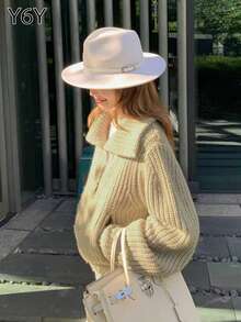 Y6Y 2025新款女士秋冬休闲高端针织开衫，独特毛衣外套 - 燕麥色 - 查看 4