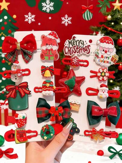 10 pièces/set Pinces à cheveux de Noël avec renne et bonhomme de neige de dessin animé pour filles, accessoires de cheveux d'hiver, pinces à cheveux en forme de bois de cerf pour enfants, accessoires de costume de scène de vacances du Père Noël (y compris carton)