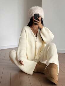 2 Pieces Set Autumn/ Winter New Women's Casual Cute Suits Loose Solid Color Button Cardigan Long-Sleeved Knitted Sweater Top Knit Pants Suitable For Daily Wear Home Loungewear Cozy Chic Fall Winter Going Out Outfits Clothes