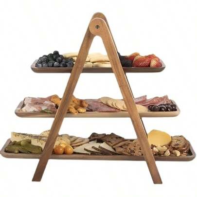 3-Tiered Wood Serving Platter/Rectangle Vintage TrayWood Collapsible Food Display Stand And Decorative Display Set 3-Tier Serving Tray For Wedding Party Decoration