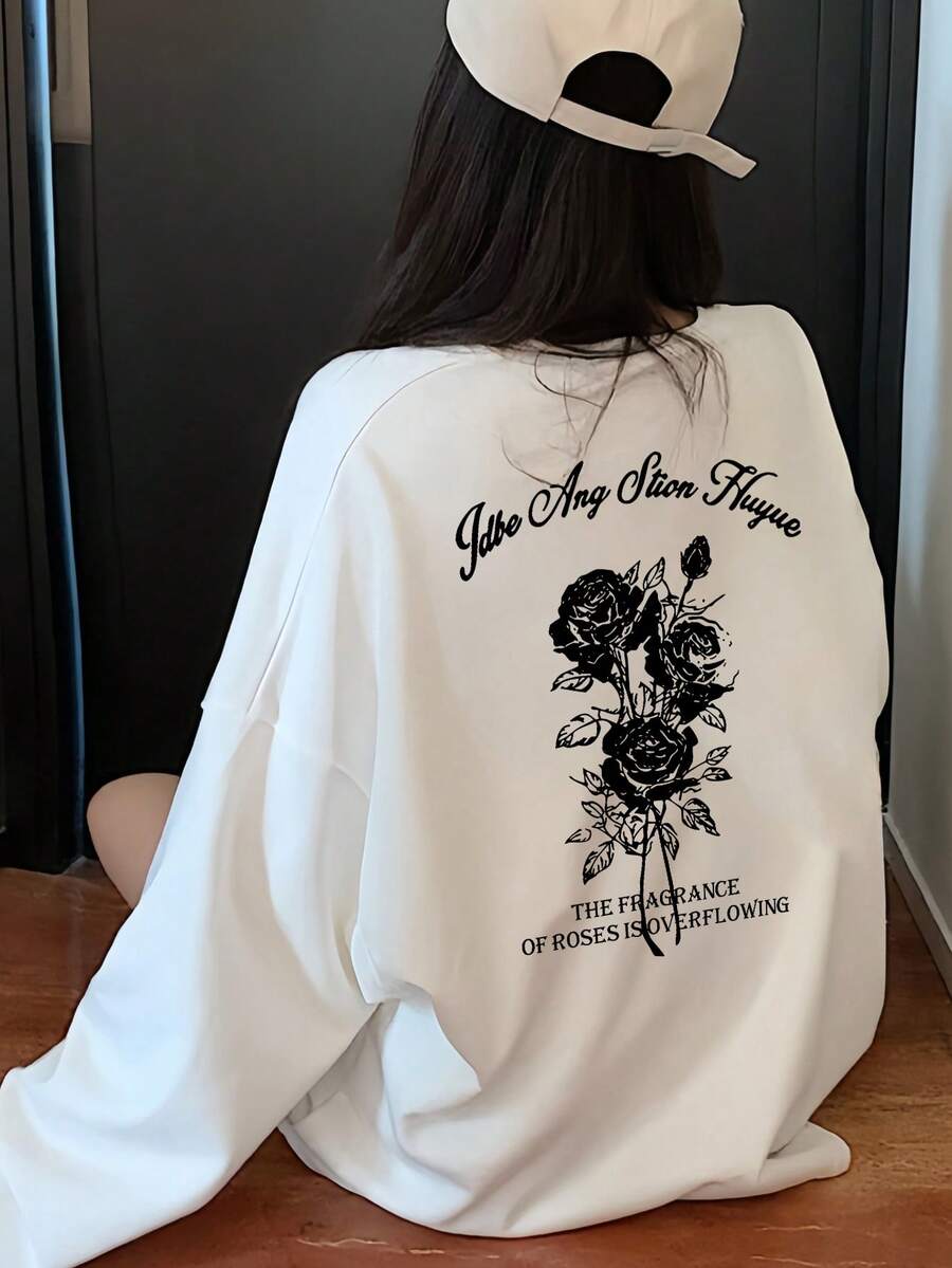 女士宽松字母花卉印花长袖T恤，适合春秋季穿着，白色休闲百搭 - 白色 - 查看 1