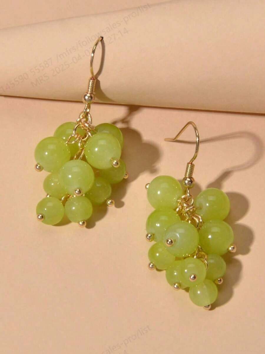 1 Pair Of Fashionable Green Water Droplet Grape Pendant Earrings - 綠色 - 查看 1