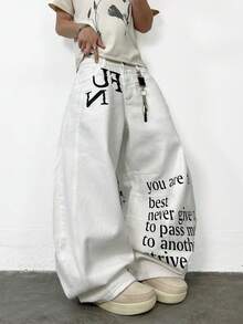 1pc Men's Japanese Street Fashion Printed Curved Knife Loose Comfortable Casual Wide Leg Jeans Pants, Versatile For All Seasons (No Belt Or Accessories) - White - View 6