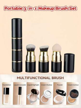 ZHENZITAI 3-In-1 Mini Multi-Function Portable Makeup Brush Set With Cover, Detachable Foundation Brush, Powder Brush, Blush Brush,Brush Set,Makeup Brush Kit,Make Up Brush Set,Make Up Set Complete,Makeup Brush Set,Complete Makeup Kit,Brush Kit,Brushes Makeup Set,Makeup Gift Set