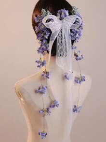 1 Set Floral Headpiece, Bohemian Bride Robe Styling Hair Accessories, Blue Flower Tassel Hair Clip & Hairpin Set Valentine's Day Accessories - Multicolor - View 7