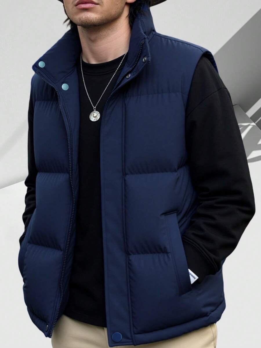 Áo khoác vest nam cổ đứng đệm cotton cho mùa đông, đi bộ đường dài ngoài trời, thể thao du lịch thường ngày đa năng - Màu xanh hải quân - Xem 1