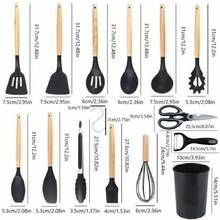 14-Piece Kitchen Cookware Set - Multi-Functional Cooking And Baking Tools - Suitable For Home/Professional Kitchens - Silicone With Heat-Resistant Wooden Handles
