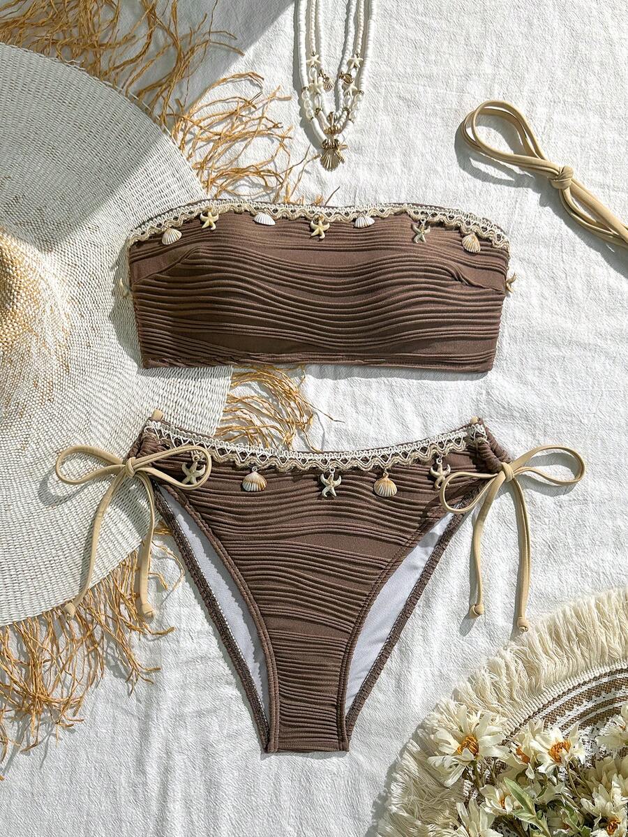 Solid Color Backless Tie-Up Bohemian Beach Bikini Set Vacation Summer - Khaki - View 1