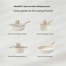 Non-Stick Ceramic Cookware Set, Healthy Pot And Pan Set, Including Soup Pot, Frying Pan And Pan Set, Kitchen Cooking Set, White Granite Coating, Suitable For Stir-Frying And Cooking, Essential Kitchen Utensils For Induction Cooktop - View 3