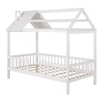 MERAX Twin Size Wood House Bed With Fence,White - 白色 - 查看 11