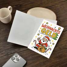 喜庆的德国“圣诞金”海报，以快乐的圣诞老人竖起大拇指、手捧欧元钞票的场景为特色——充满活力的节日设计，配以拐杖糖、圣诞树和黄色星星，为节日庆祝活动增添喜庆气氛。 - 多色 - 查看 7