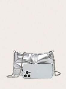 Women's Square Shoulder Bag, Pleated PU Leather, Cracked Texture, Metal Chain, Lightweight & Fashionable, Suitable For Outings And Shopping - Silver - View 3