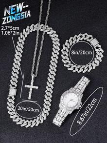 5 Pcs Hip Hop Gift Watch+Cross Pendant Necklace+Bracelet Creative Iced Out Miami Cuban Link Chain Jewelry Set For Men And Women - Silver - View 8