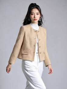 Women's Short Double Breasted Jacket, European And American Loose Short Elegant Casual Jacket, Fashionable Spring And Autumn Top - Khaki - View 1