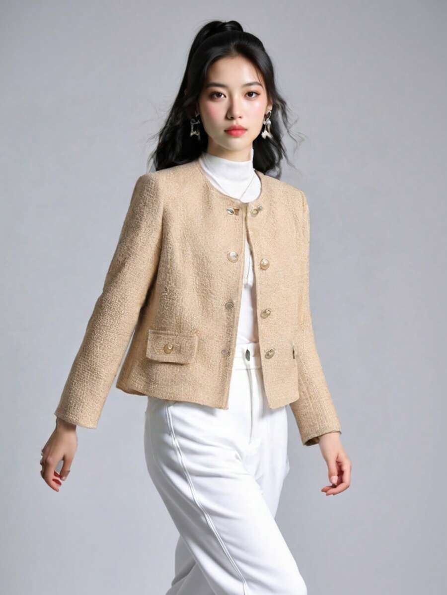 Women's Short Double Breasted Jacket, European And American Loose Short Elegant Casual Jacket, Fashionable Spring And Autumn Top - Khaki - View 1