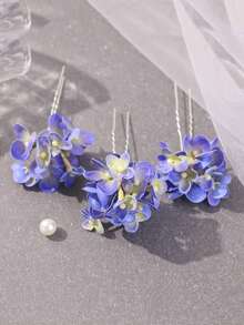 1 Set Floral Headpiece, Bohemian Bride Robe Styling Hair Accessories, Blue Flower Tassel Hair Clip & Hairpin Set Valentine's Day Accessories - Multicolor - View 5