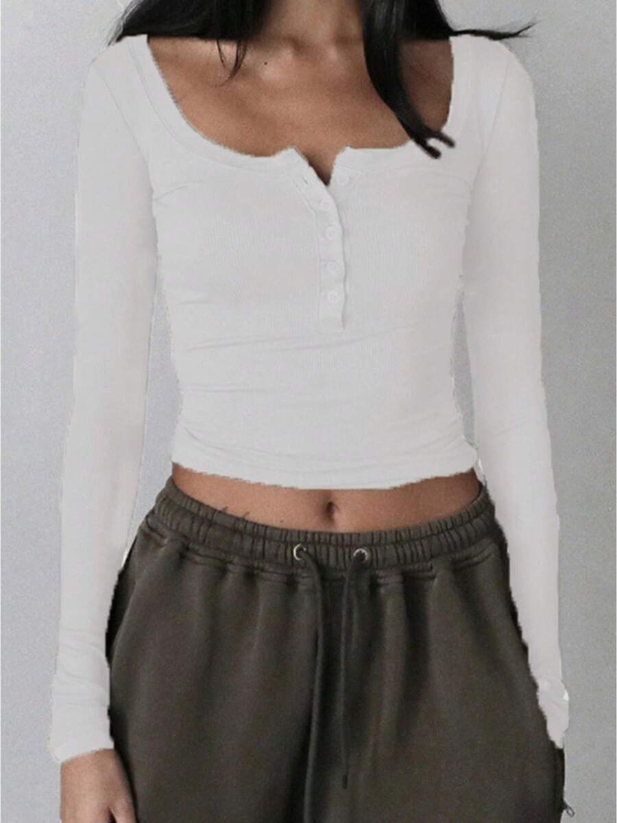 Women Henley Shirt Casual Solid Color Retro 1/2 Button Long Sleeve Y2K Slim Fitted Ribbed Knit Crop Tops - 白色 - 查看 1