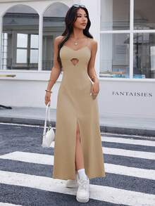 REF:AS1826 - Long Dress With Thin Straps And Front Slit: Elegance And Sensuality In The Same Look - 米色 - 查看 4