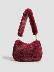 新款秋冬毛绒新月拉链单肩包，休闲斜挎包 - 彩色 - 查看 7