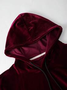 纯色丝绒长袖连帽衫和抽绳长裤套装，休闲秋冬装 - 酒紅色 - 查看 5