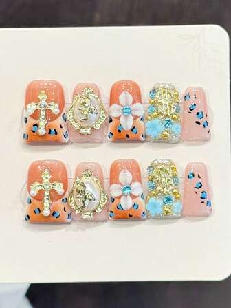 10 piezas de decoraciones de uñas con estampado de leopardo azul francés en forma de almendra corta con cruz de ángel, elegantes y exquisitas uñas postizas hechas a mano con estilo Y2K, uñas de moda para aplicar