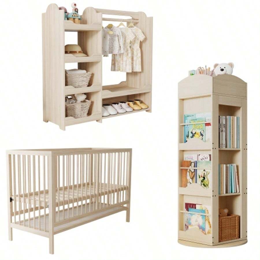 Children's Combination Furniture: Multifunctional Wooden Baby Bed + Wardrobe + Rotating Bookcase, Youth Bedroom Furniture Set, Multifunctional Furniture Combination, Natural Colors