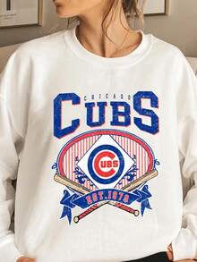 Women's Casual Chicago Cubs Graphic Print Long Sleeve Round Neck Pullover Sweatshirt Fashion Knit Top - 白色 - 查看 1