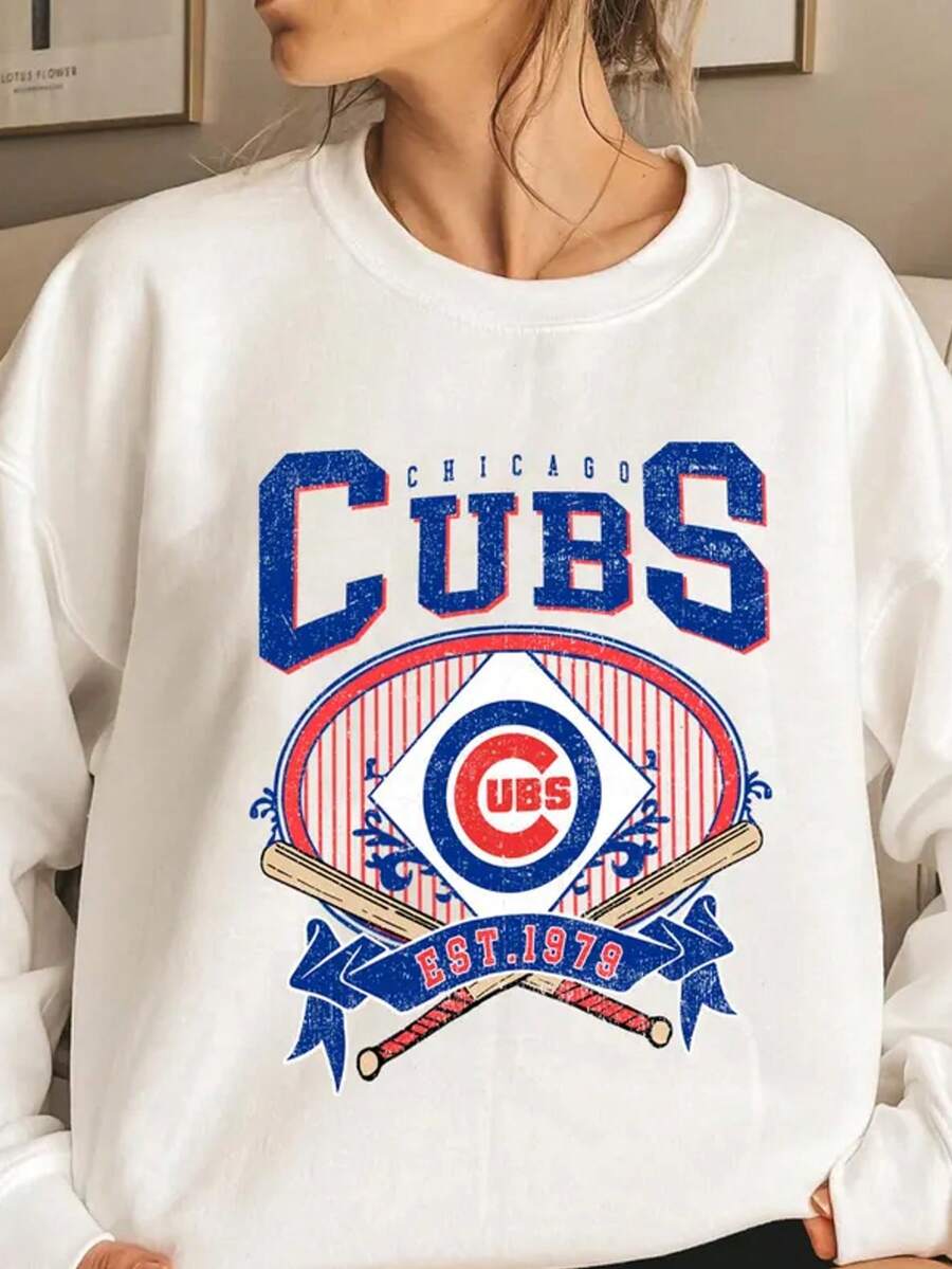 Women's Casual Chicago Cubs Graphic Print Long Sleeve Round Neck Pullover Sweatshirt Fashion Knit Top - 白色 - 查看 1