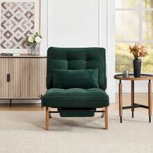 Modern Adjustable Backless Lounge Chair Made Of Fabric With Footrest, Lumbar Cushion And Wooden Legs For Living Room/Bedroom/Study - 祖母綠+燈芯絨 - 查看 11