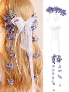 1 Set Floral Headpiece, Bohemian Bride Robe Styling Hair Accessories, Blue Flower Tassel Hair Clip & Hairpin Set Valentine's Day Accessories - Multicolor - View 1