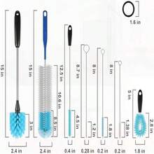 7-Pack Stainless Steel Long Handle Brush Set For Cleaning Narrow Neck Containers & Sink Lids (Beer Bottles, Mugs, Cups, Glasses, Pipe Lids), Blue - 藍色 - 查看 3